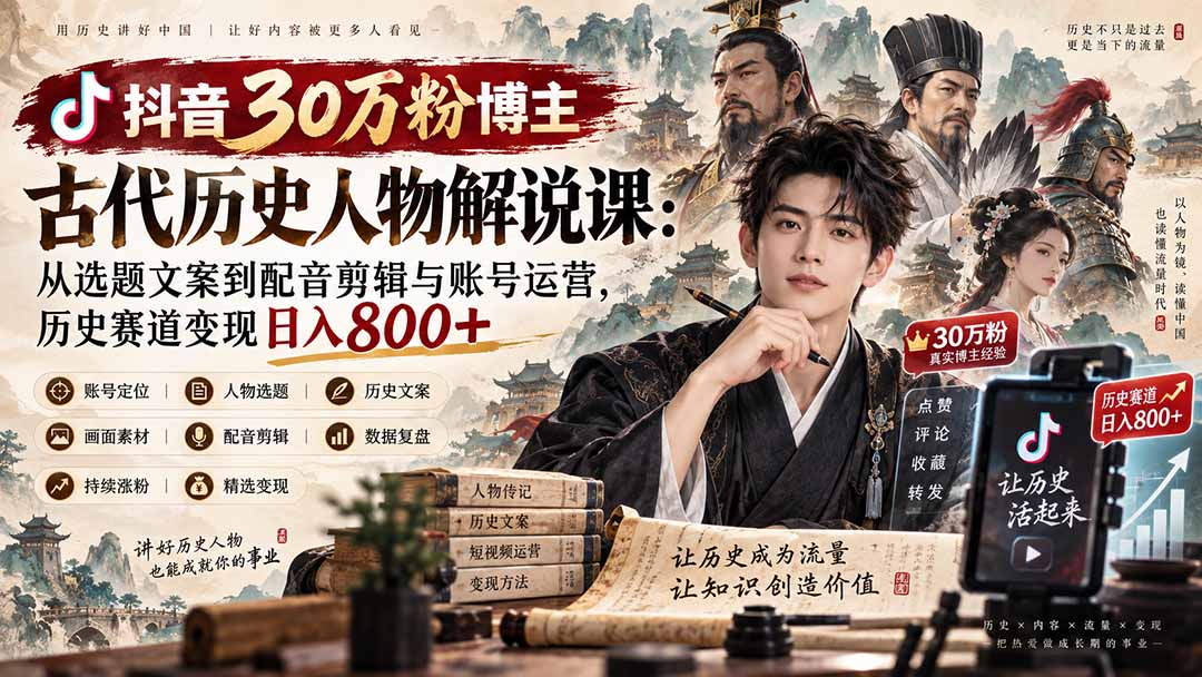 抖音30万粉博主古代历史人物解说课：从选题文案到配音剪辑与账号运营，历史赛道变现日入800+-米壳知道—知识分享平台