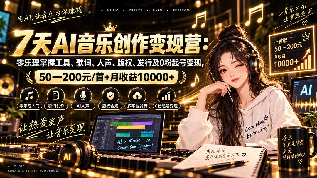AI音乐创作变现营：零乐理掌握工具、歌词、人声、版权、发行及0粉起号变现，50—200元/首+月收益10000+-米壳知道—知识分享平台