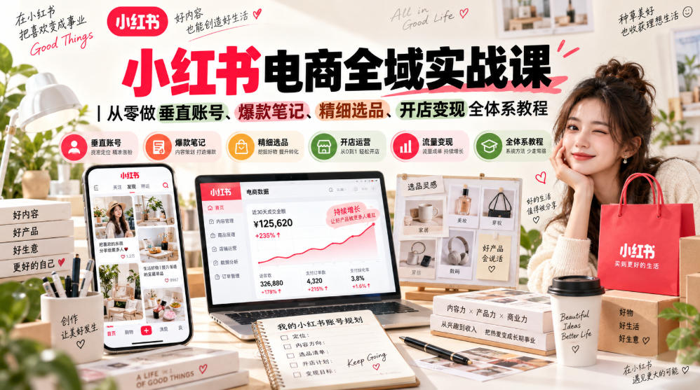 小红书电商全域实战课｜从零做垂直账号、爆款笔记、精细选品、开店变现全体系教程-米壳知道—知识分享平台