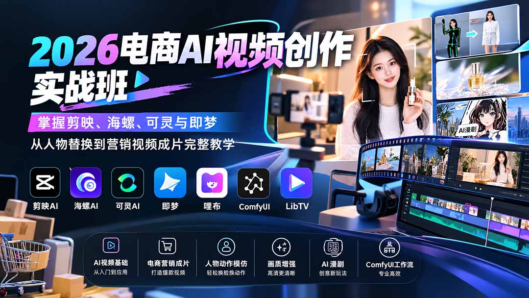 2026电商AI视频创作实战班：掌握剪映、海螺、可灵与即梦，从人物替换到营销视频成片完整教学-米壳知道—知识分享平台