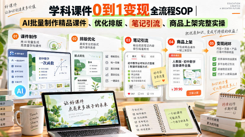 学科课件0到1变现全流程SOP｜AI批量制作精品课件、优化排版、笔记引流、商品上架完整实操​-米壳知道—知识分享平台