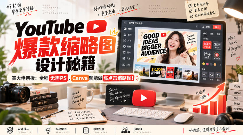 YouTube爆款缩略图设计秘籍，某油管大佬(610万订阅者)亲授，全程无需PS，Canva就能做高点击缩略图！【原创双语字幕】-米壳知道—知识分享平台