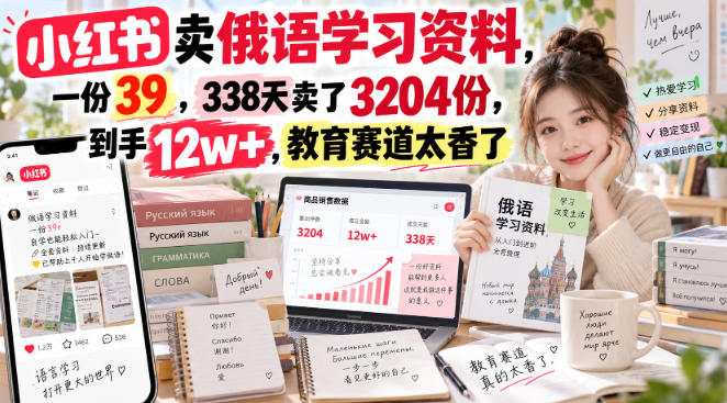 小红书卖俄语学习资料，一份39，338天卖了3204份，到手12w+，教育赛道太香了-米壳知道—知识分享平台