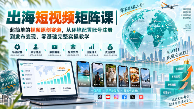 出海短视频矩阵课｜超简单的视频原创赛道，从环境配置账号注册到发布变现，零基础完整实操教学-米壳知道—知识分享平台