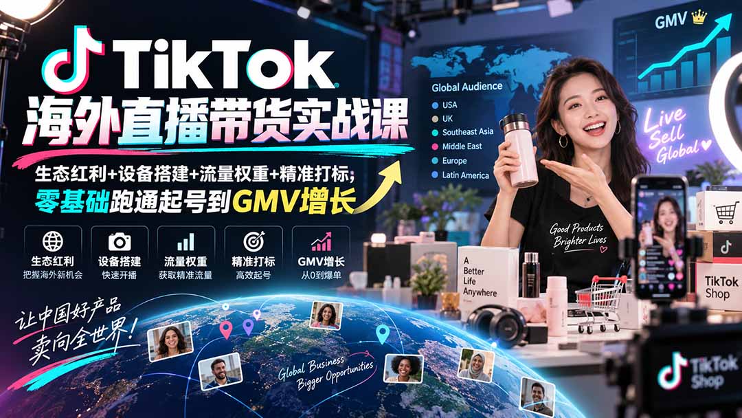 TikTok海外直播带货实战课｜生态红利+设备搭建+流量权重+精准打标，零基础跑通起号到GMV增长-米壳知道—知识分享平台