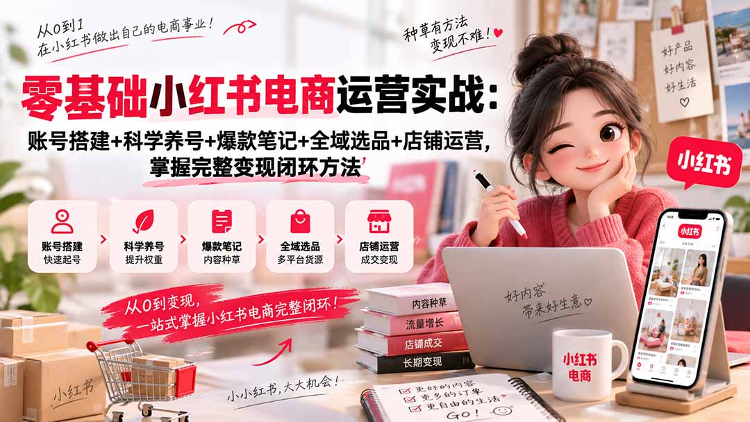 零基础小红书电商运营实战：账号搭建+科学养号+爆款笔记+全域选品+店铺运营，掌握完整变现闭环方法-米壳知道—知识分享平台