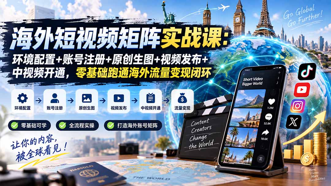海外短视频矩阵实战课：环境配置+账号注册+原创生图+视频发布+中视频开通，零基础跑通海外流量变现闭环-米壳知道—知识分享平台