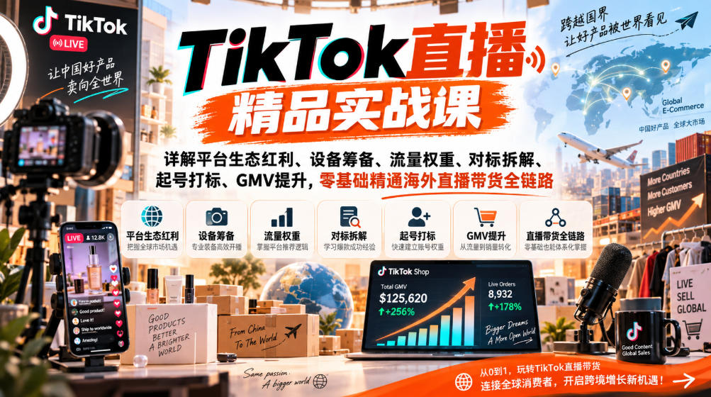 TikTok直播精品实战课，详解平台生态红利、设备筹备、流量权重、对标拆解、起号打标、GMV提升，零基础精通海外直播带货全链路-米壳知道—知识分享平台