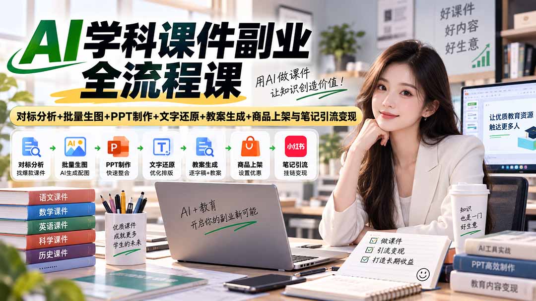 AI学科课件副业全流程课｜对标分析+批量生图+PPT制作+文字还原+教案生成+商品上架与笔记引流变现-米壳知道—知识分享平台