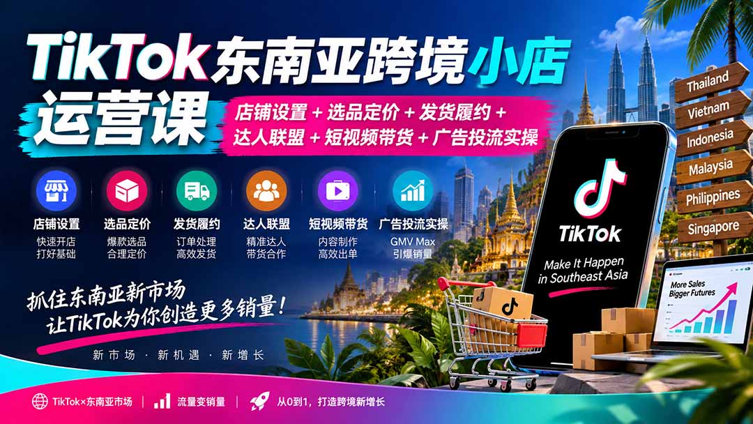 TikTok东南亚跨境小店运营课：店铺设置+选品定价+发货履约+达人联盟+短视频带货+广告投流实操-米壳知道—知识分享平台