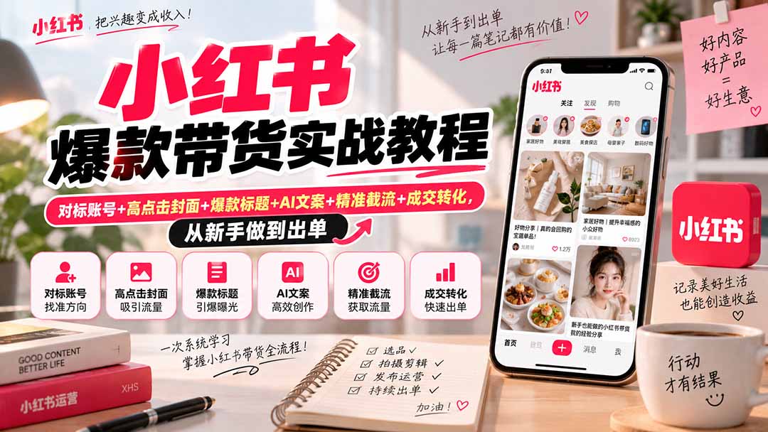 小红书爆款带货实战教程｜对标账号+高点击封面+爆款标题+AI文案+精准截流+成交转化，从新手做到出单-米壳知道—知识分享平台