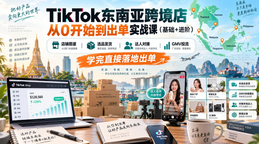 TikTok东南亚跨境店从0开始到出单实战课(基础+进阶)，店铺搭建、选品发货、达人对接、GMV投流，学完直接落地出单-米壳知道—知识分享平台