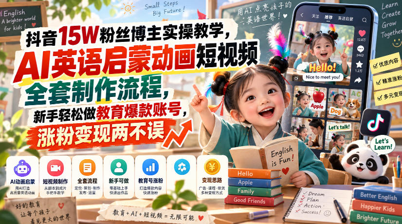 抖音15W粉丝博主实操教学，AI英语启蒙动画短视频全套制作流程，新手轻松做教育爆款账号，涨粉变现两不误-米壳知道—知识分享平台