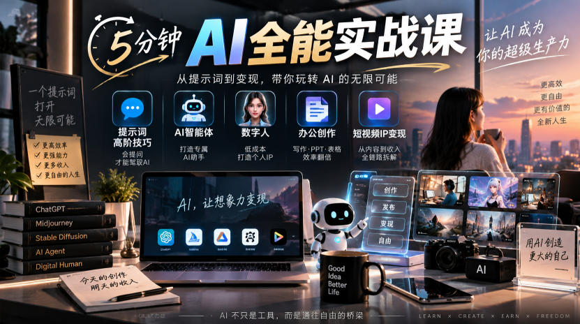 5分钟AI全能实战课｜提示词高阶技巧+AI智能体+数字人+办公创作+短视频IP变现全教程-米壳知道—知识分享平台