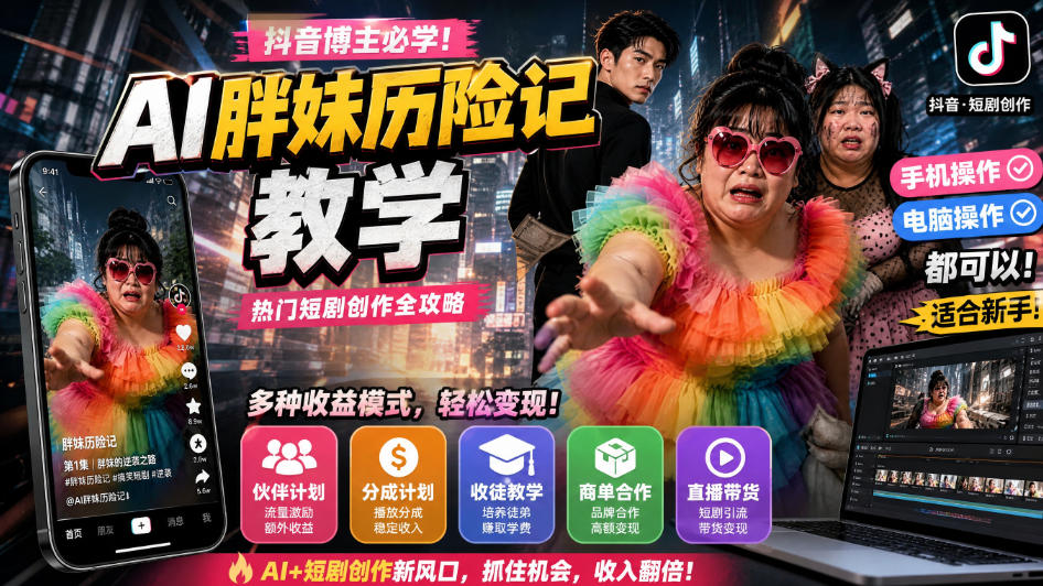 抖音博主的AI胖妹历险记教学，伙伴计划+分成计划+收徒+商单等多种收益，适合新手，手机电脑都可以操作-米壳知道—知识分享平台