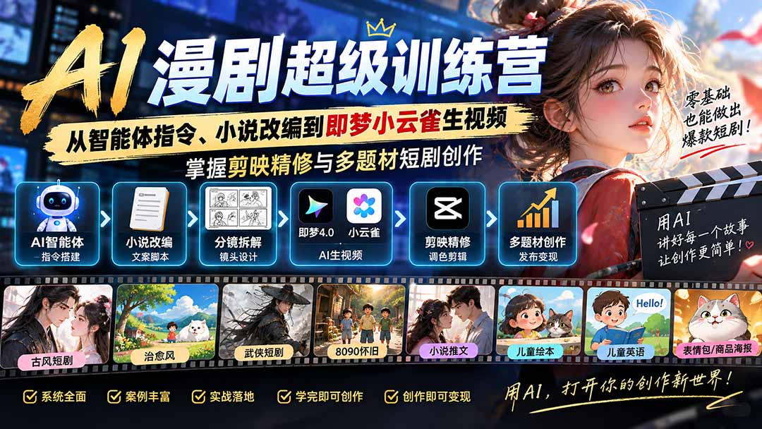 AI漫剧超级特训营：从智能体指令、小说改编到即梦小云雀生视频，掌握剪映精修与多题材短剧创作-米壳知道—知识分享平台