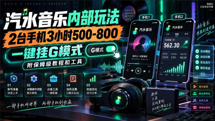 汽水音乐内部玩法，2台手机3小时500-800，一键挂G模式，附保姆级教程和工具【揭秘】-米壳知道—知识分享平台