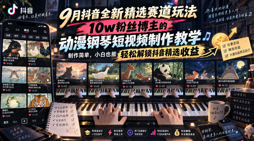 9月抖音全新精选赛道玩法，10w粉丝博主的动漫钢琴短视频制作教学，制作简单，小白也能轻松解锁抖音精选收益-米壳知道—知识分享平台