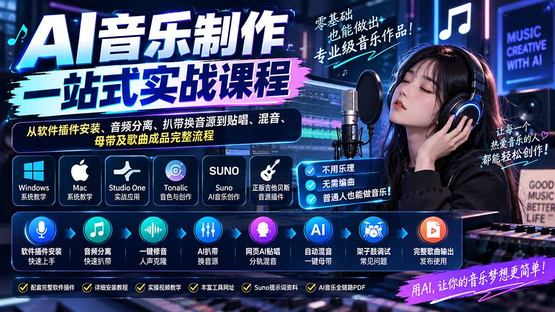 AI音乐制作一站式实战课程：从软件插件安装、音频分离、扒带换音源到贴唱、混音、母带及歌曲成品完整流程-米壳知道—知识分享平台