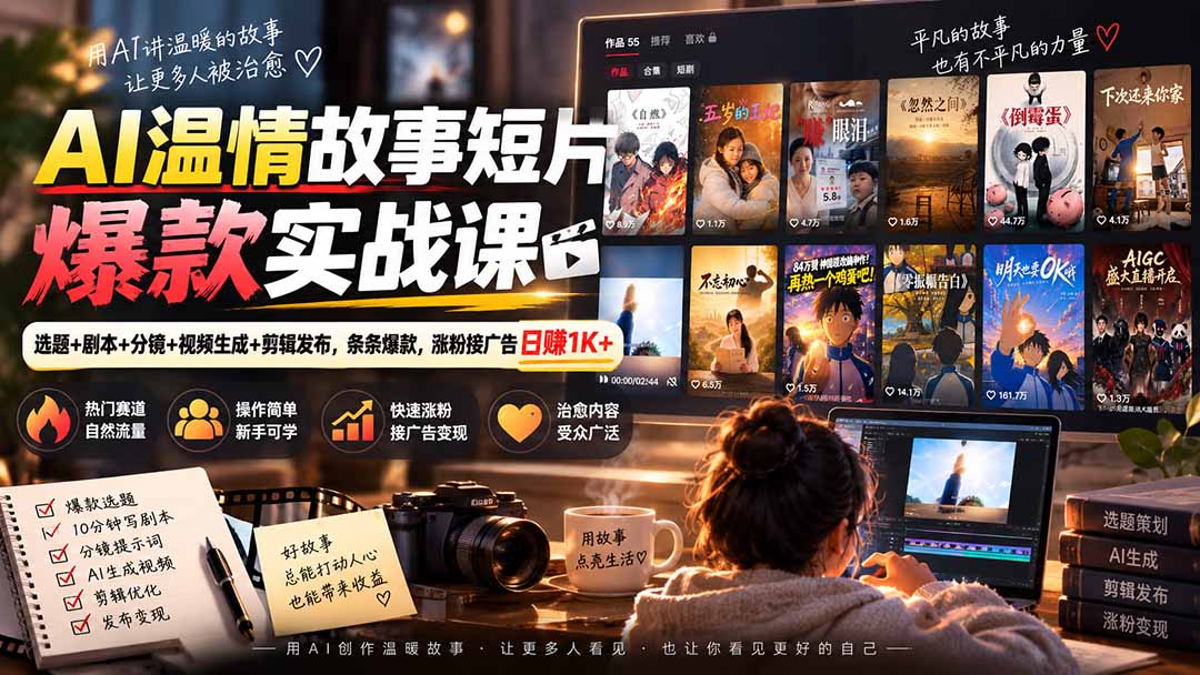 AI温情故事短片爆款实战课-更新｜选题+剧本+分镜+视频生成+剪辑发布，条条爆款，涨粉接广告日赚1K+-米壳知道—知识分享平台