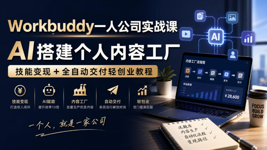 Workbuddy一人公司实战课,AI搭建个人内容工厂,技能变现+全自动交付轻创业教程-米壳知道—知识分享平台