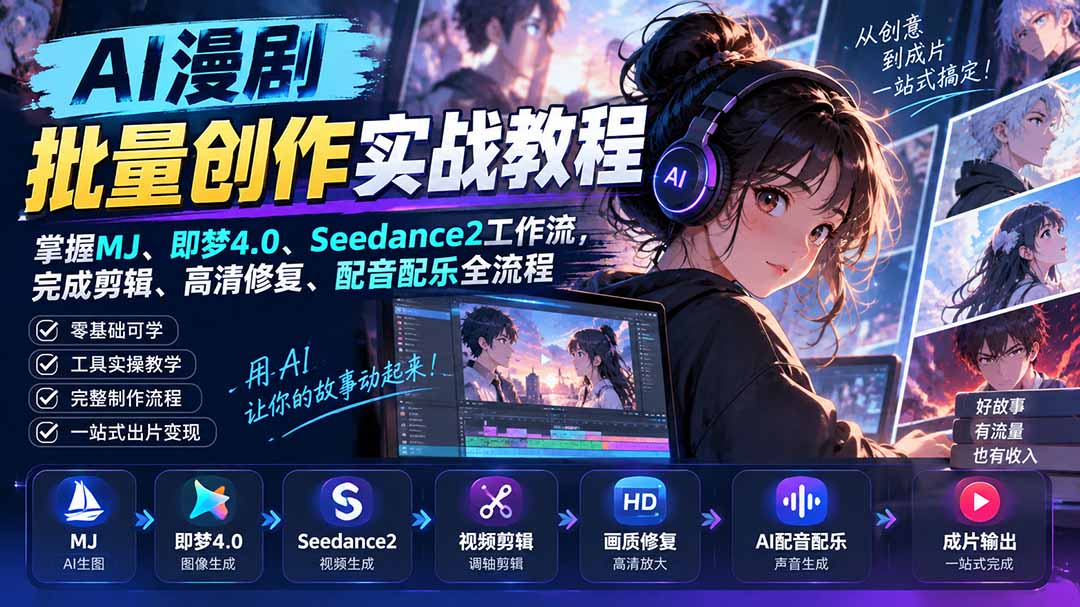 AI漫剧批量创作实战教程:掌握MJ、即梦4.0、Seedance2工作流,完成剪辑、高清修复、配音配乐全流程-米壳知道—知识分享平台