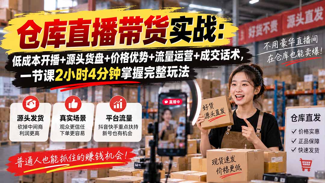 仓库直播带货实战：低成本开播+源头货盘+价格优势+流量运营+成交话术，一节课2小时4分钟掌握完整玩法-米壳知道—知识分享平台