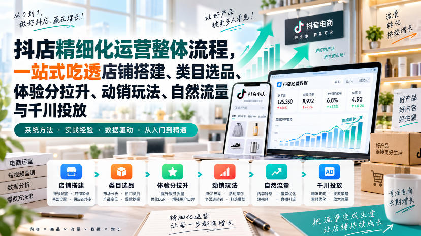 李哥电商-抖店精细化运营整体流程,一站式吃透店铺搭建、类目选品、体验分拉升、动销玩法、自然流量与千川投放-米壳知道—知识分享平台
