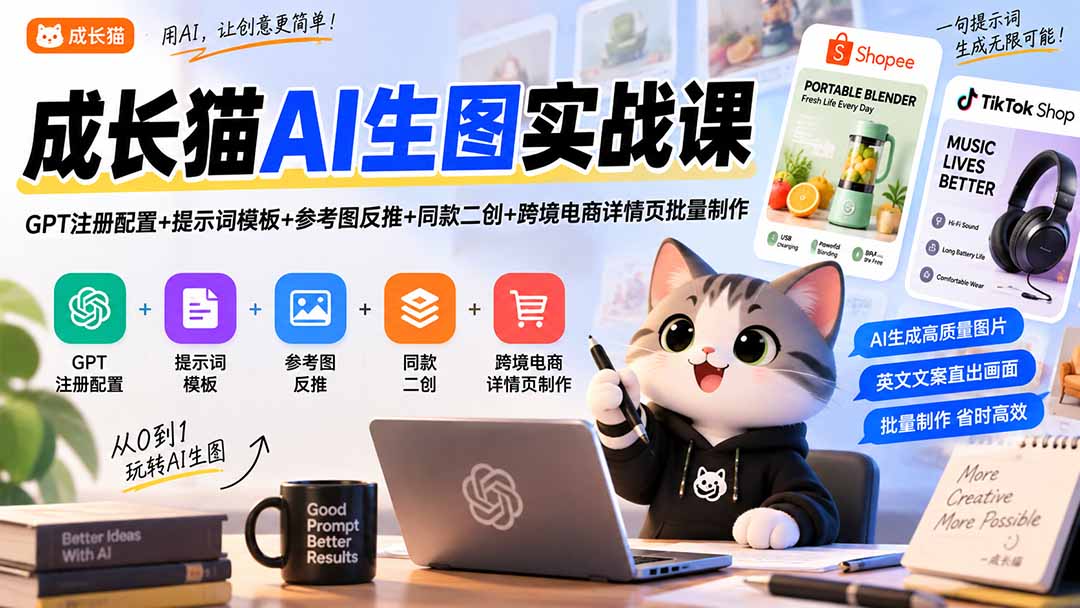 成长猫AI生图实战课｜GPT注册配置+提示词模板+参考图反推+同款二创+跨境电商详情页批量制作-米壳知道—知识分享平台