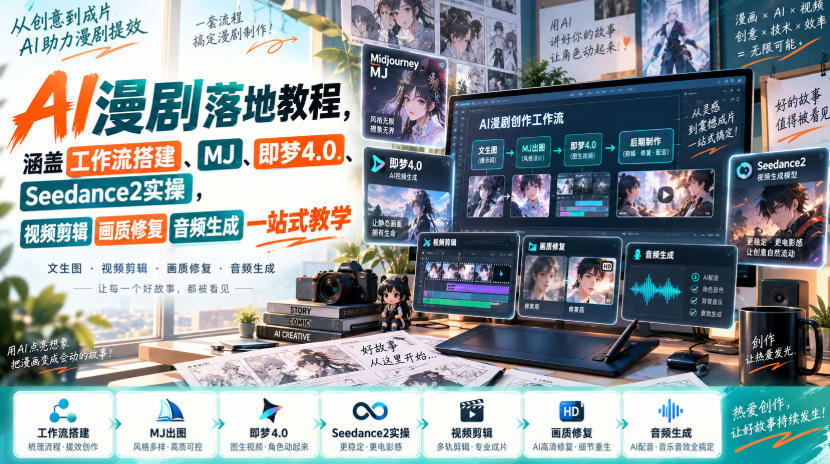 AI漫剧落地教程,涵盖工作流搭建、MJ、即梦4.0、Seedance2实操,视频剪辑画质修复音频生成一站式教学-米壳知道—知识分享平台
