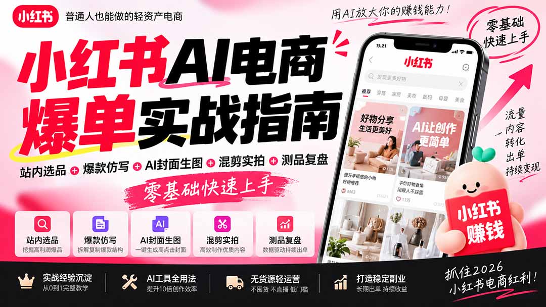 2026小红书AI电商爆单实战指南：站内选品+爆款仿写+AI封面生图+混剪实拍+测品复盘，零基础快速上手-米壳知道—知识分享平台