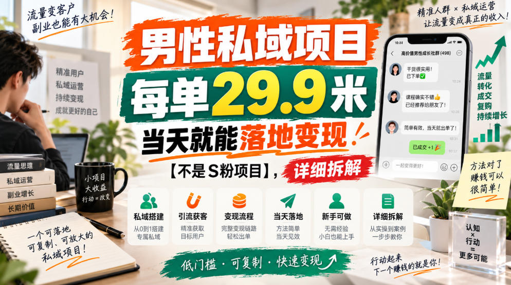 男性私域项目，每单29.9米，当天就能落地变现【不是S粉项目】，详细拆解-米壳知道—知识分享平台