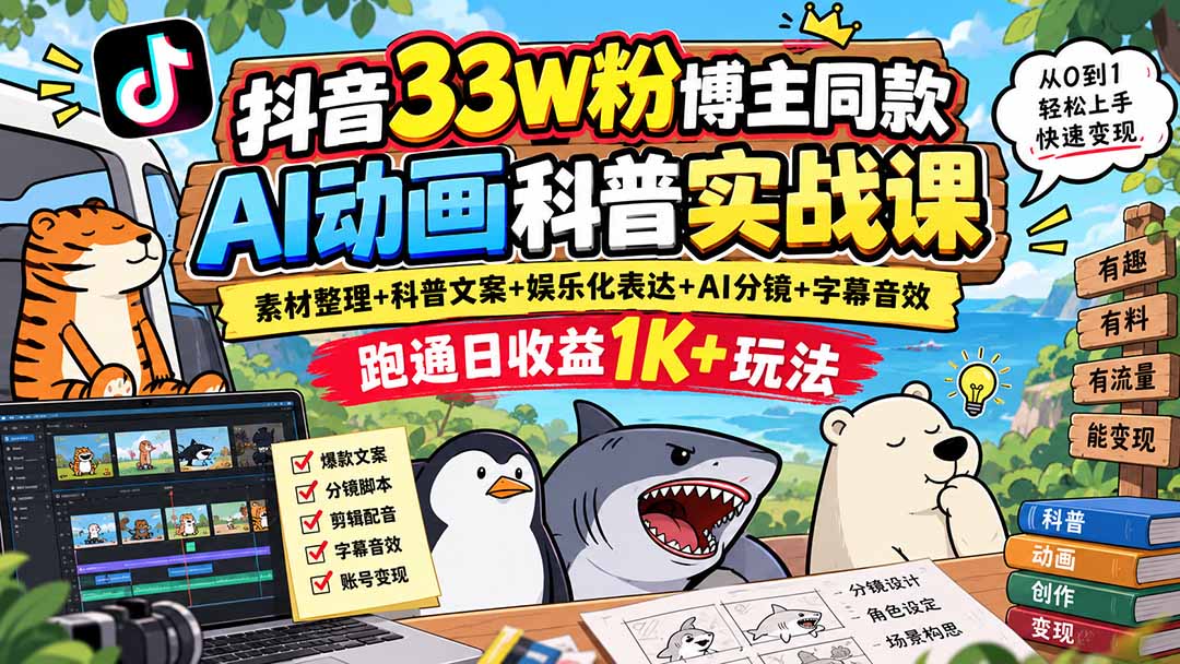 抖音33W粉博主同款AI动画科普实战课｜素材整理+科普文案+娱乐化表达+AI分镜+字幕音效，跑通日收益1K+玩法-米壳知道—知识分享平台