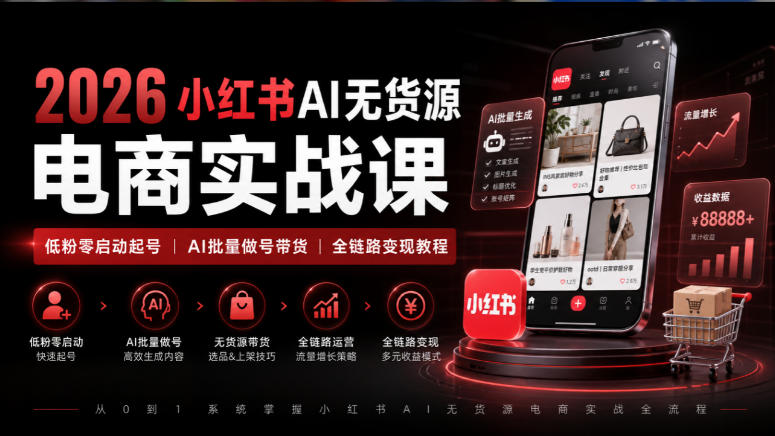 2026小红书AI无货源电商实战课｜低粉零启动起号｜AI批量做号带货全链路变现教程-米壳知道—知识分享平台