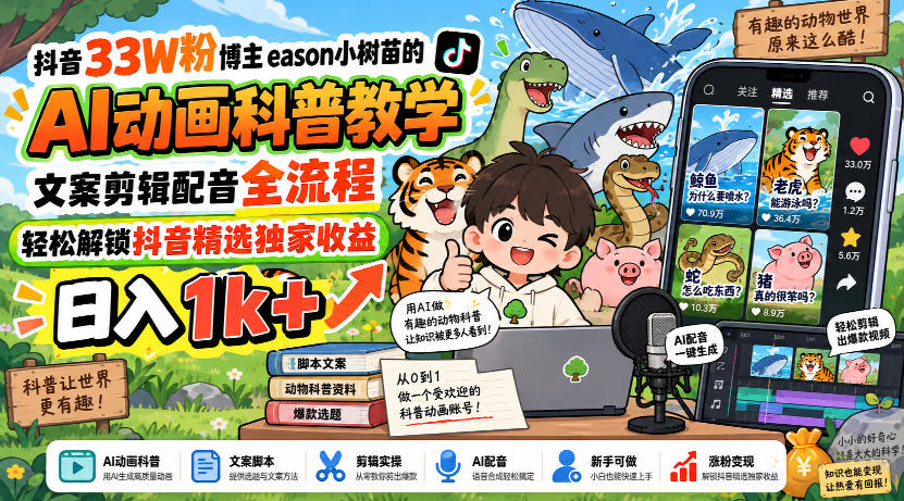 抖音33W粉博主eason小树苗的AI动画科普教学，文案剪辑配音全流程，轻松解锁抖音精选独家收益，日入1k+-米壳知道—知识分享平台