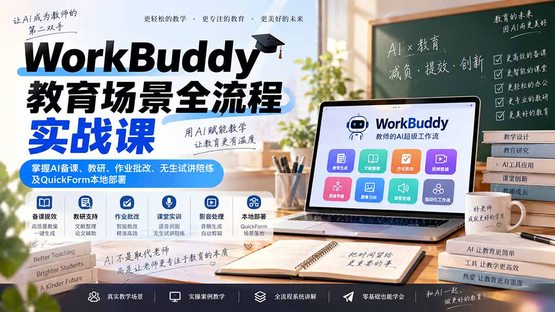 WorkBuddy教育场景全流程实战课：掌握AI备课、教研、作业批改、无生试讲陪练及QuickForm本地部署-米壳知道—知识分享平台