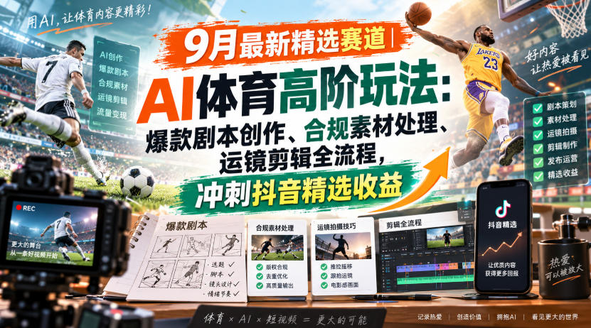 某大佬的9月最新精选赛道之AI体育顶级玩法，爆款剧本创作、版权规避、运镜剪辑全流程，稳拿抖音精选收益-米壳知道—知识分享平台