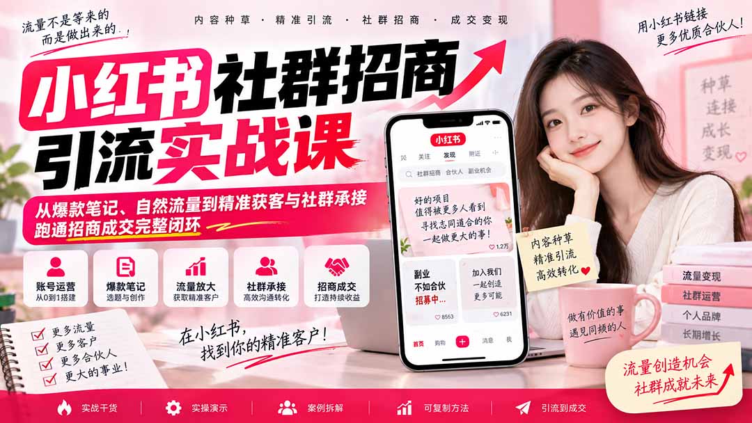 小红书社群招商引流实战课-无水印：从爆款笔记、自然流量到精准获客与社群承接，跑通招商成交完整闭环-米壳知道—知识分享平台