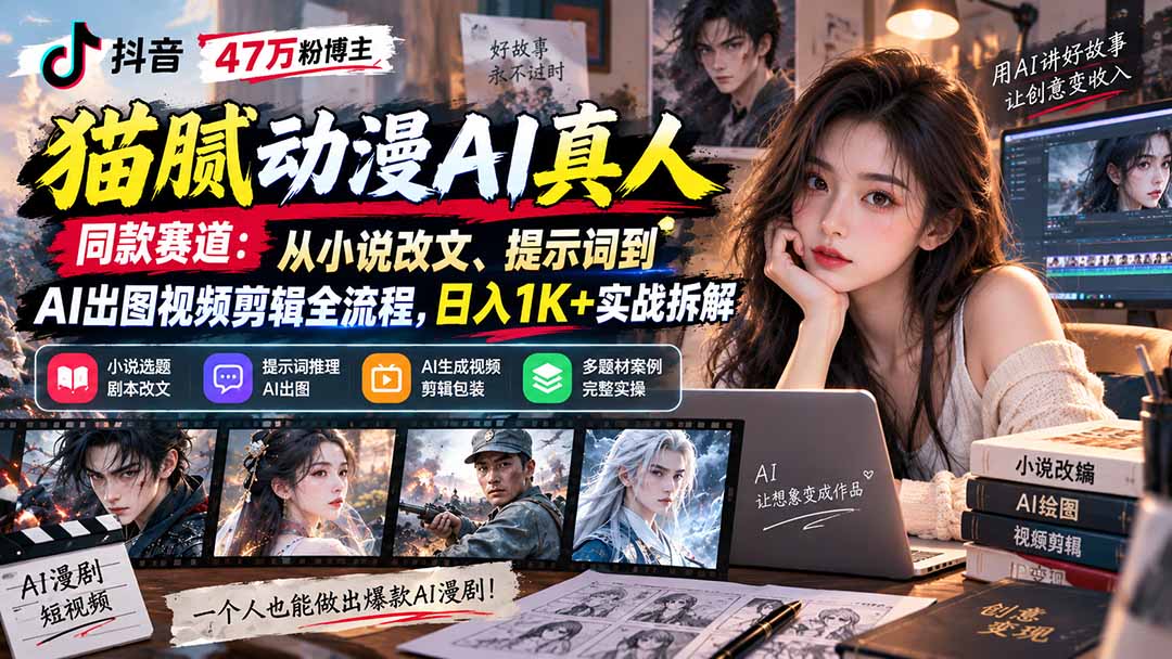 抖音47万粉博主猫腻动漫AI真人同款赛道:从小说改文、提示词到AI出图视频剪辑全流程,日入1K+实战拆解-米壳知道—知识分享平台