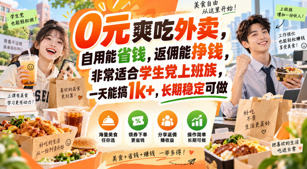 0元爽吃外卖，自用能省钱，返佣能挣钱，非常适合学生党上班族，一天能搞1k+，长期稳定可做-米壳知道—知识分享平台