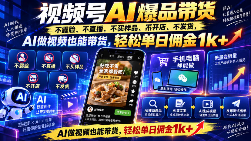 视频号Ai爆品带货，不露脸、不直播、不买样品、不开店、不发货，AI做视频也能带货，轻松单日佣金1k+-米壳知道—知识分享平台