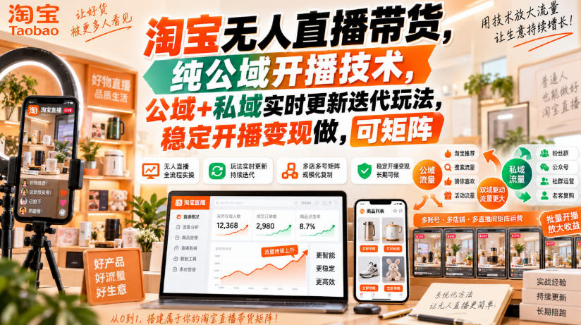淘宝无人直播带货,纯公域开播技术,公域+私域实时更新迭代玩法,稳定开播变现做,可矩阵【揭秘】-米壳知道—知识分享平台