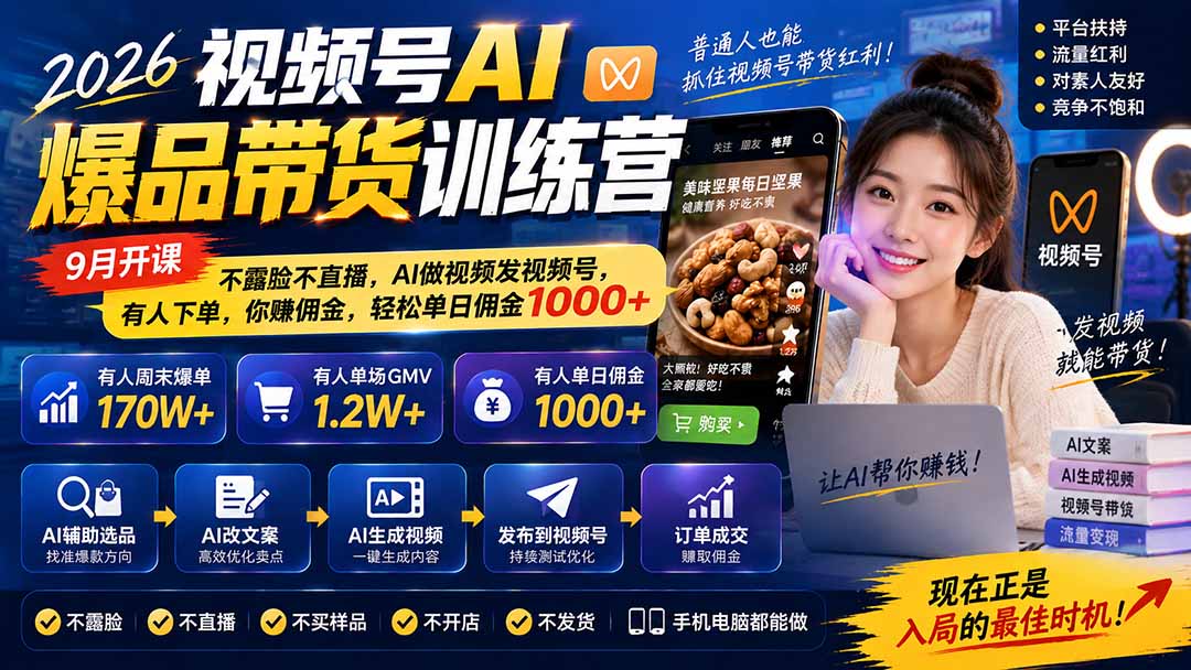 图片[1]-2026视频号AI爆品带货训练营-9月开课｜不露脸不直播，AI做视频发视频号，有人下单，你赚佣金，轻松单日佣金1000+-米壳知道—知识分享平台