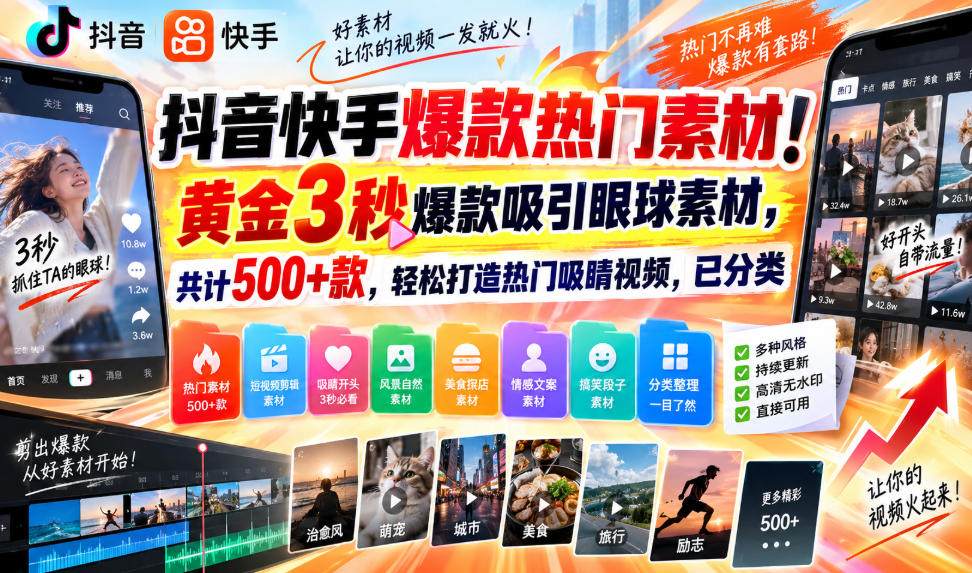 抖音快手爆款热门素材！黄金3秒爆款吸引眼球素材，共计500+款，轻松打造热门吸睛视频，已分类-米壳知道—知识分享平台