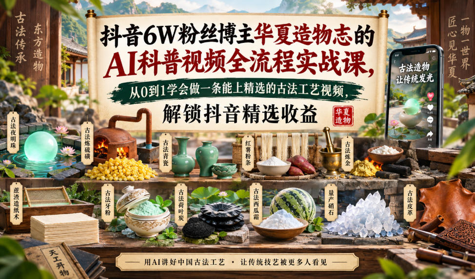 抖音6W粉丝博主华夏造物志的AI科普视频全流程实战课，从0到1学会做一条能上精选的古法工艺视频，解锁抖音精选收益-米壳知道—知识分享平台