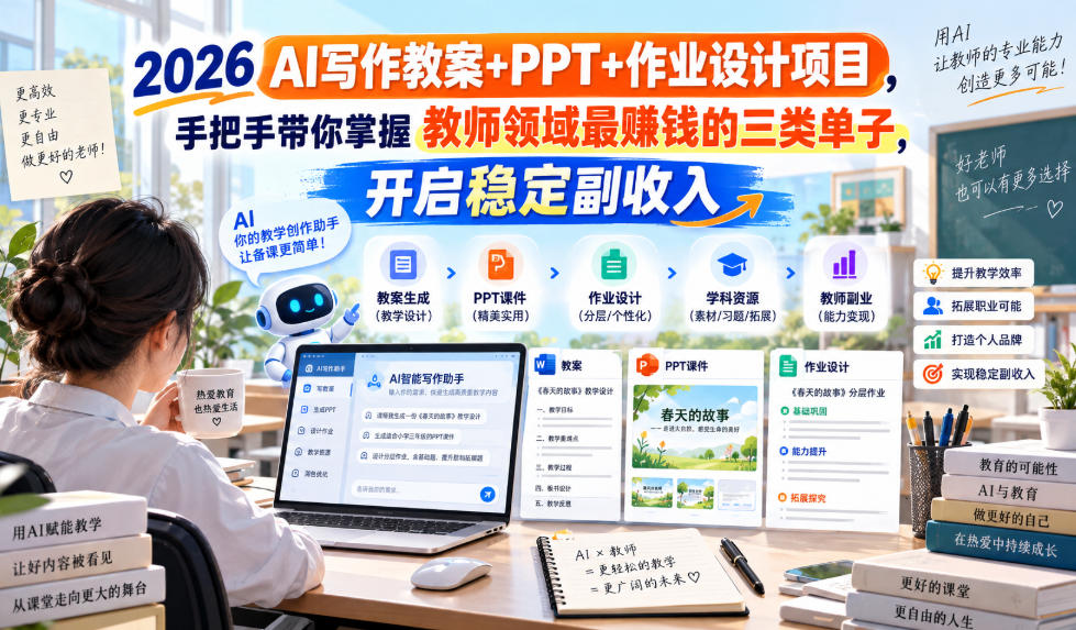 2026 AI写作教案+PPT+作业设计项目,手把手带你掌握教师领域最賺钱的三类单子,开启稳定副收入-米壳知道—知识分享平台
