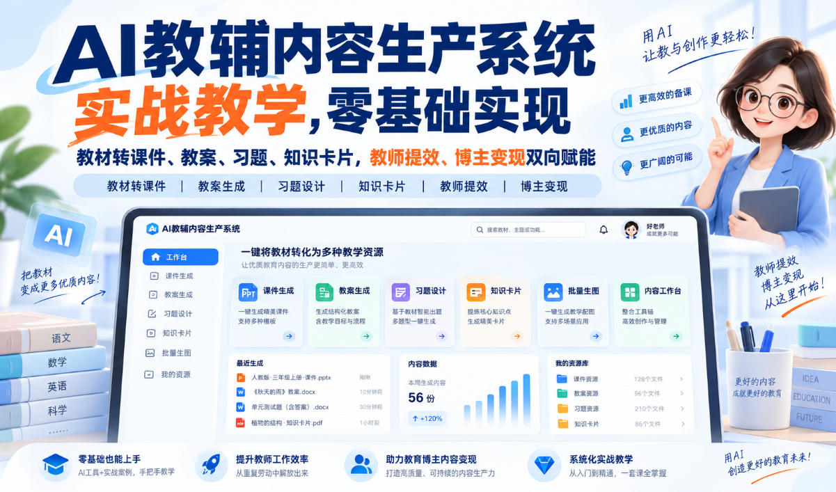 AI教辅内容生产系统实战教学，零基础实现教材转课件、教案、习题、知识卡片，教师提效、博主变现双向赋能-米壳知道—知识分享平台