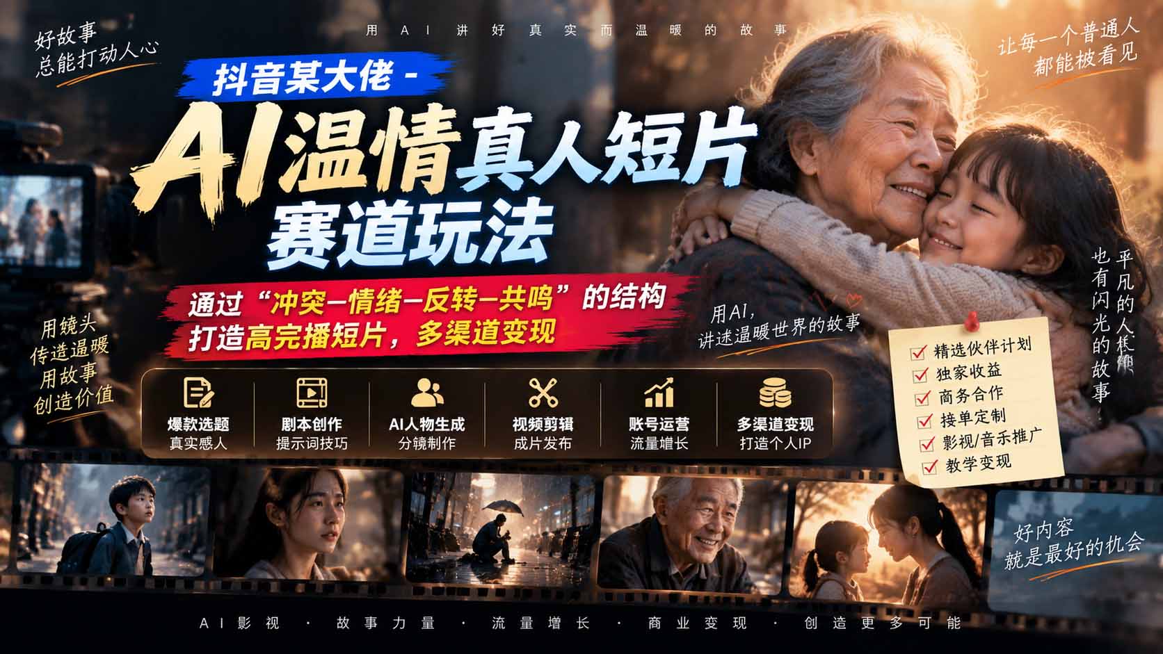 抖音某大佬-AI温情真人短片赛道玩法：通过“冲突—情绪—反转—共鸣”的结构打造高完播短片，多渠道变现-米壳知道—知识分享平台