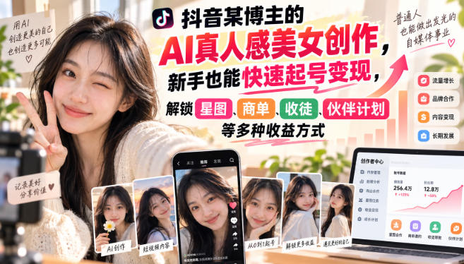 抖音某博主的AI真人感美女创作，新手也能快速起号变现，解锁星图，商单，收徒，伙伴计划等多种收益方式-米壳知道—知识分享平台