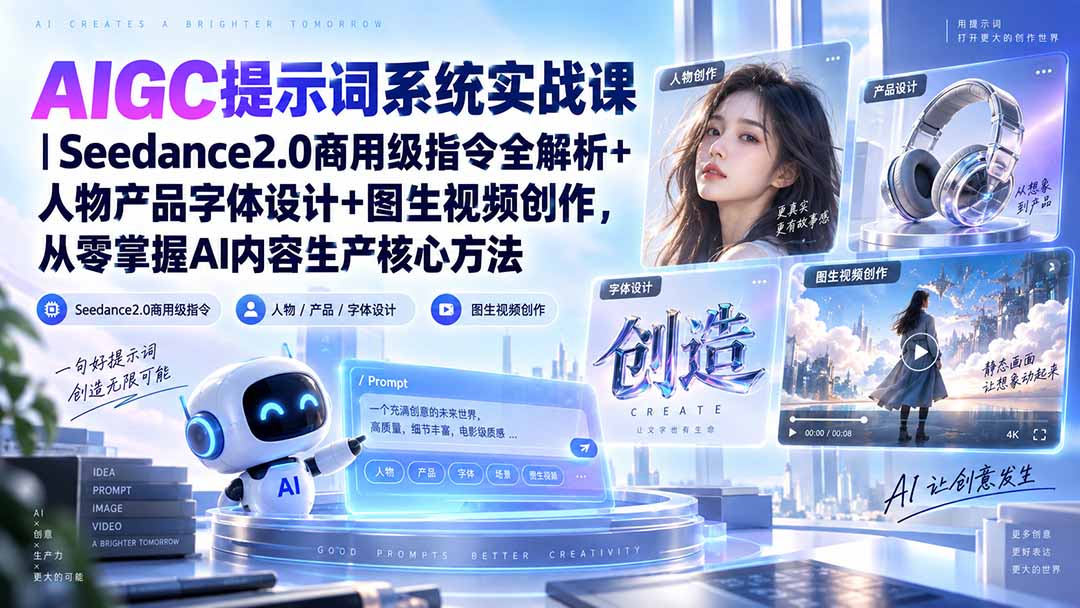 AIGC提示词系统实战课-无水印｜Seedance2.0商用级指令全解析+人物产品字体设计+图生视频创作，掌握AI内容生产方法-米壳知道—知识分享平台